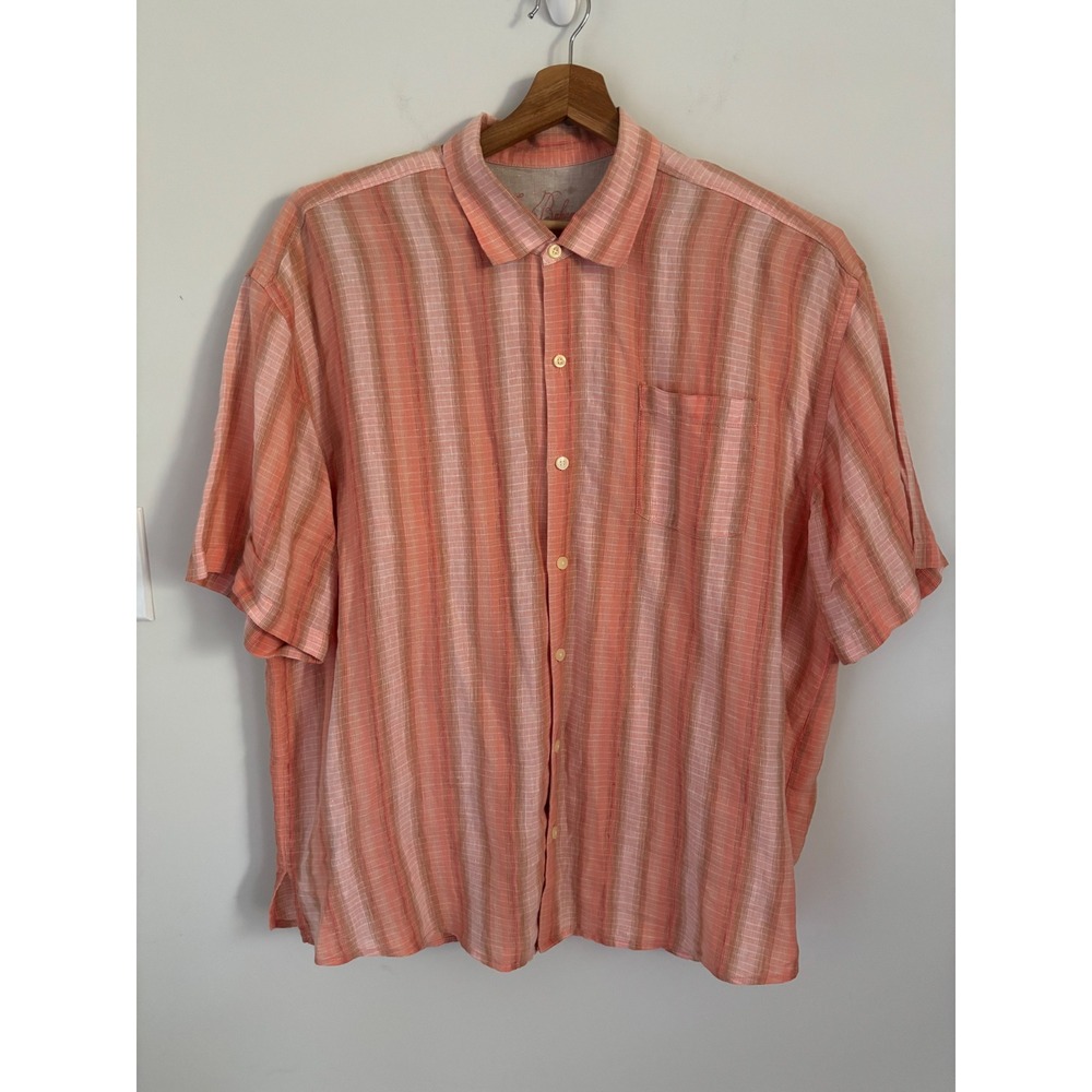 Tommy Bahama Mens XXL 100% Linen Short Sleeve Button Down Striped Coral Shirt